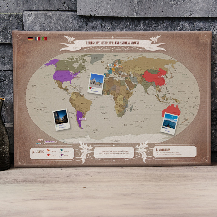 Personalisierte Reisekarte auf Leinwand: Welt